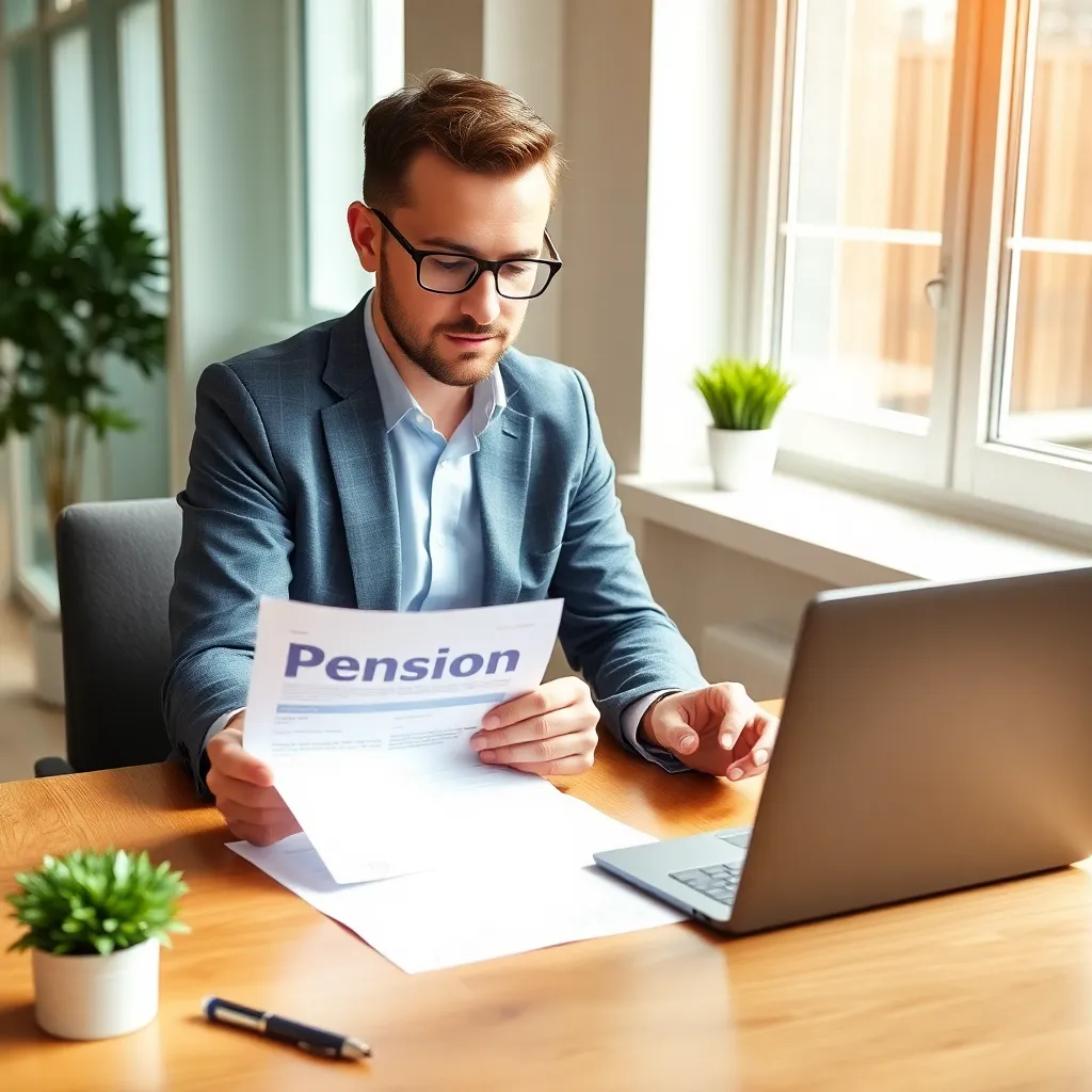 Persoon analyseert financiële documenten aan bureau met laptop