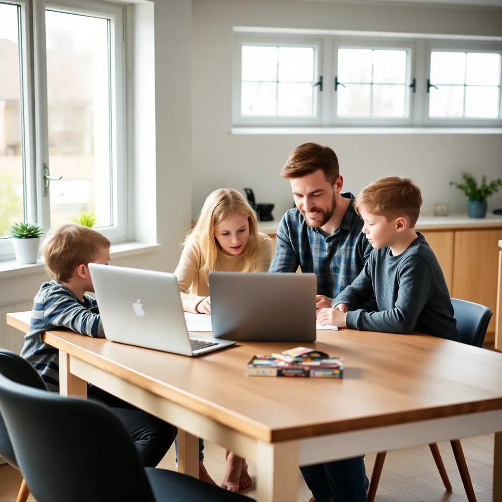 Nederlandse familie bespreekt budgetplan aan keukentafel met laptop en documenten