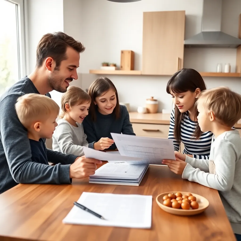 Nederlandse familie plant hun financiën met een tablet en documenten op tafel