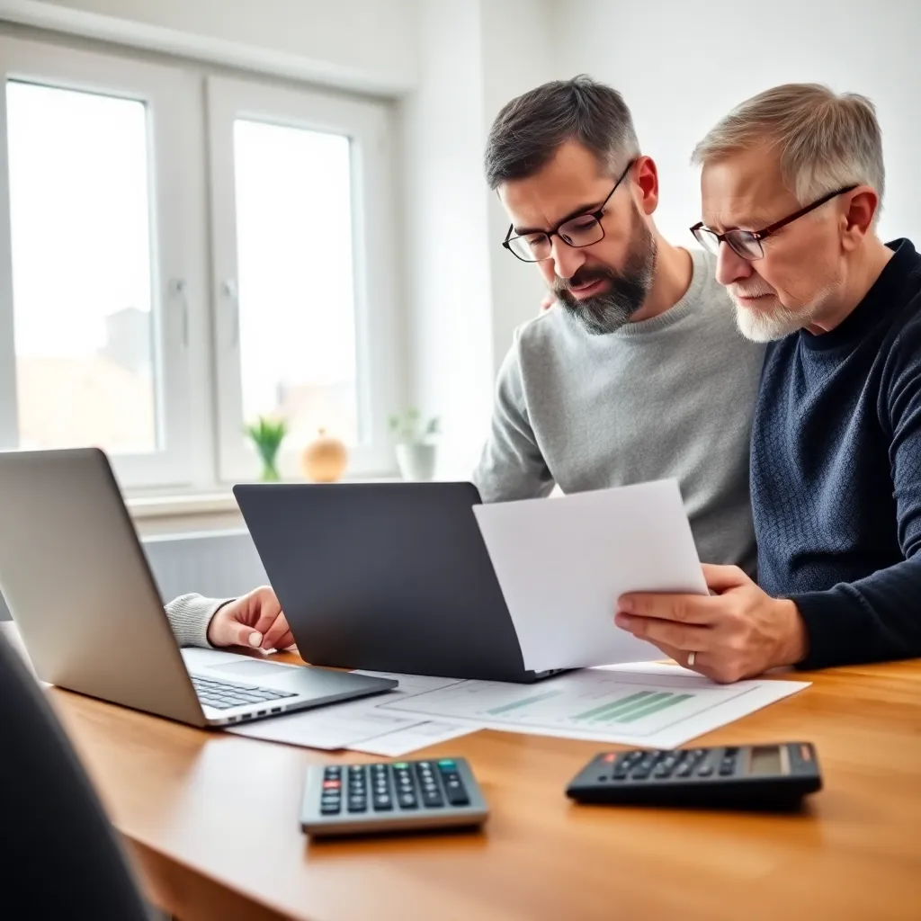 Financieel adviseur bespreekt hypotheekopties met een jong stel in een modern kantoor