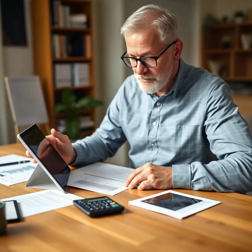 Persoon die pensioenplan bekijkt op tablet met financiële grafieken