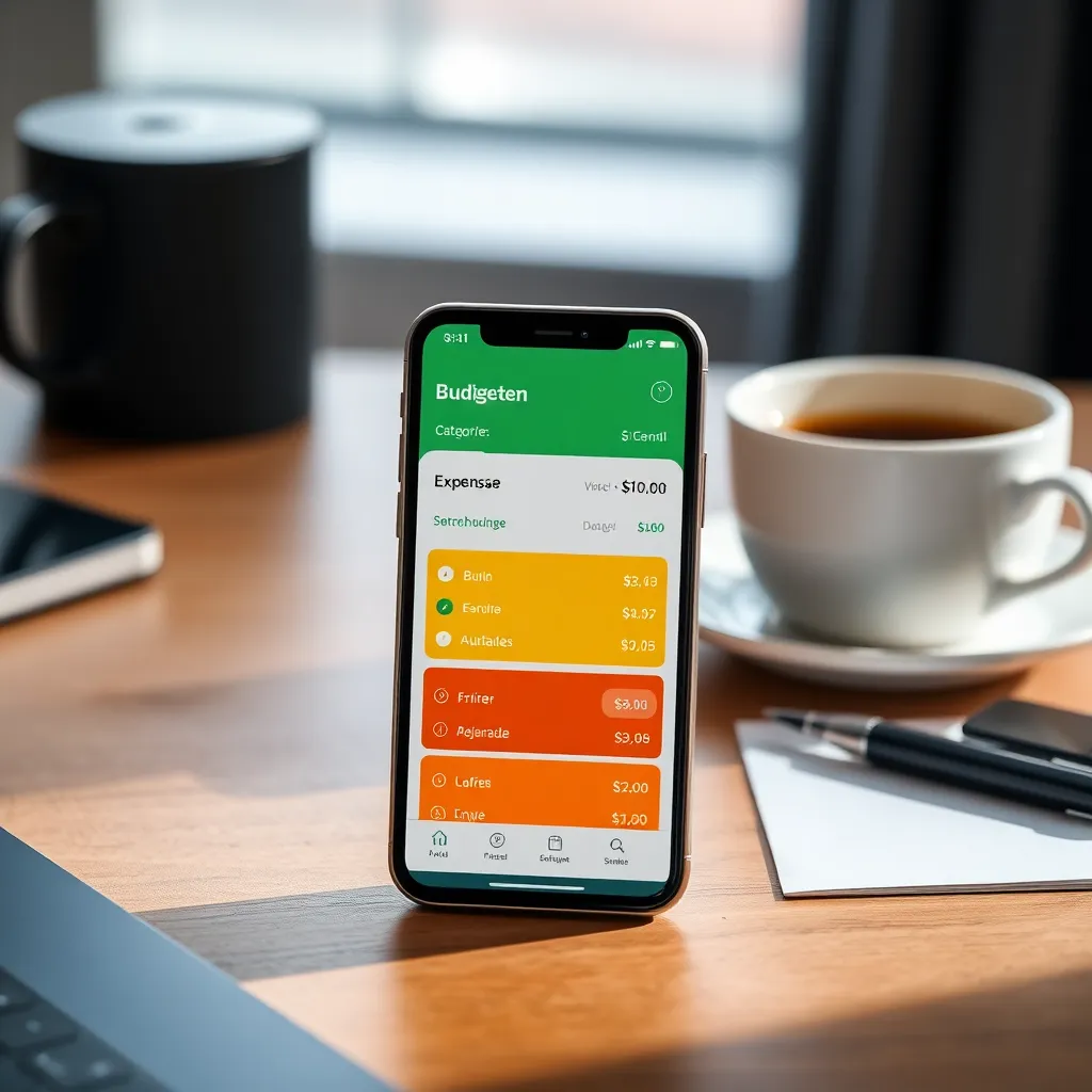 Smartphone met Nederlandse budgetteringsapp die uitgavencategorieën toont